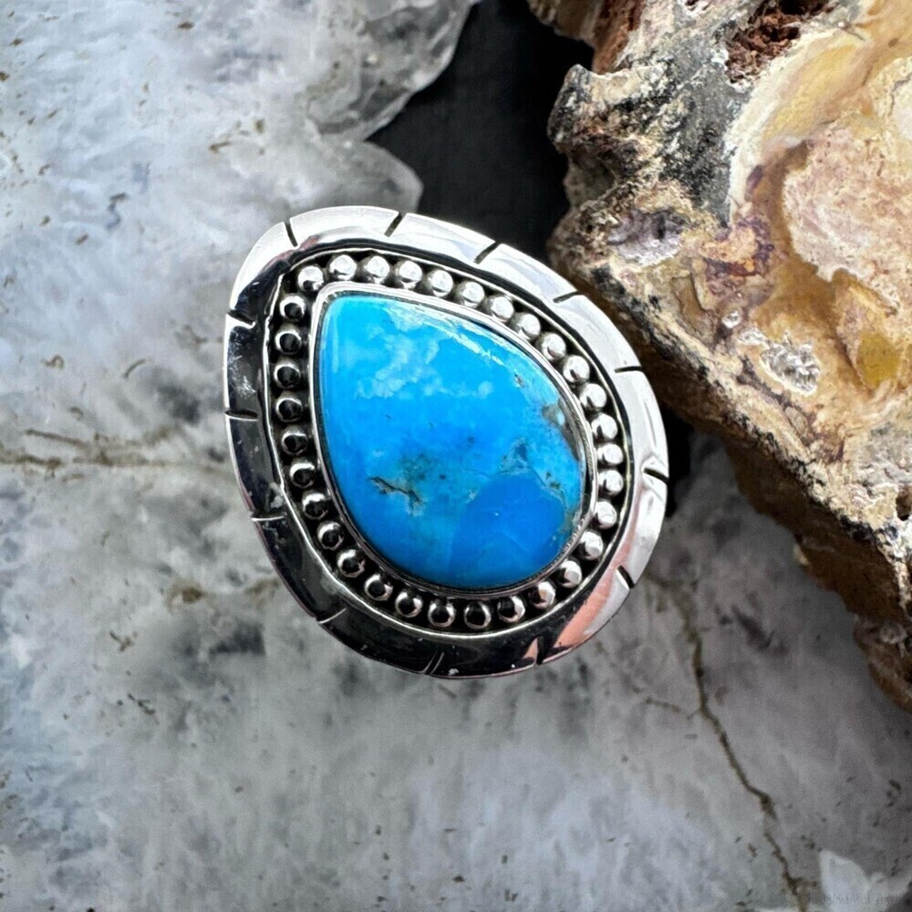 Sterling Southwestern Style Teardrop Turquoise Decorated Ring Sz 7.25 For Women